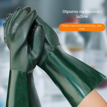 Tamnozelene PVC rukavice otporne na kemikalije s veluru podstavom, mat površinom, otporne na ulje, otporne na kiseline i lužine, protuklizne, industrijski ojačane.