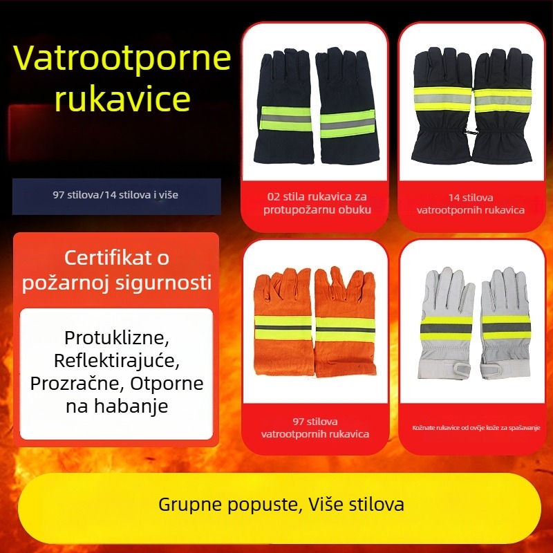 Vatrogasne zaštitne rukavice od aramidno-kožne kombinacije, narančasto‑crvene, toplinsko izdržljive, otporne na habanje