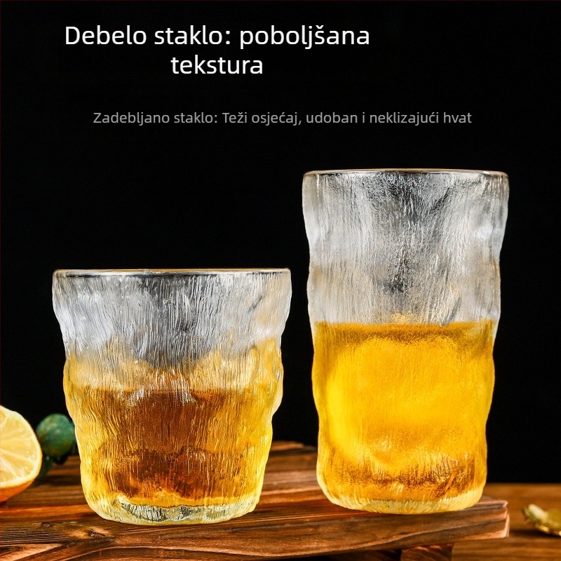 Matirana staklena čaša s teksturom kore drveta, staklo borosilikatno, čaša za vodu i viski, ručno puhana, s logotipom, u kutiji za poklon