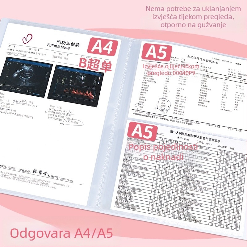 A4 fascikl za prenatalne preglede, zabilješke i ultrazvučne zapise trudnoće, prijenosni folder