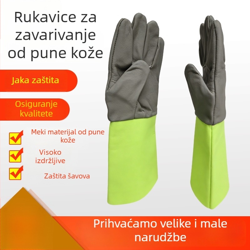 Kožne rukavice za zavarivanje s produženim manžetama i širokim otvorima, teleća koža, toplinska izolacija i otpornost na visoke temperature