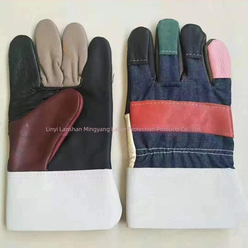 Rukavice za zavarivanje, kratke, od prvog sloja goveđe kože, šaren denim i podijeljena dlan