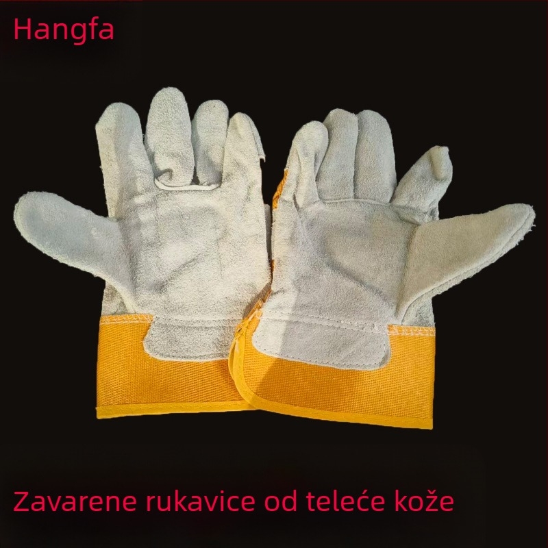 Dvoslojne teleće kožne rukavice za zavarivanje s žutom tkaninom, kratke, mekane, otporne na habanje i toplinu