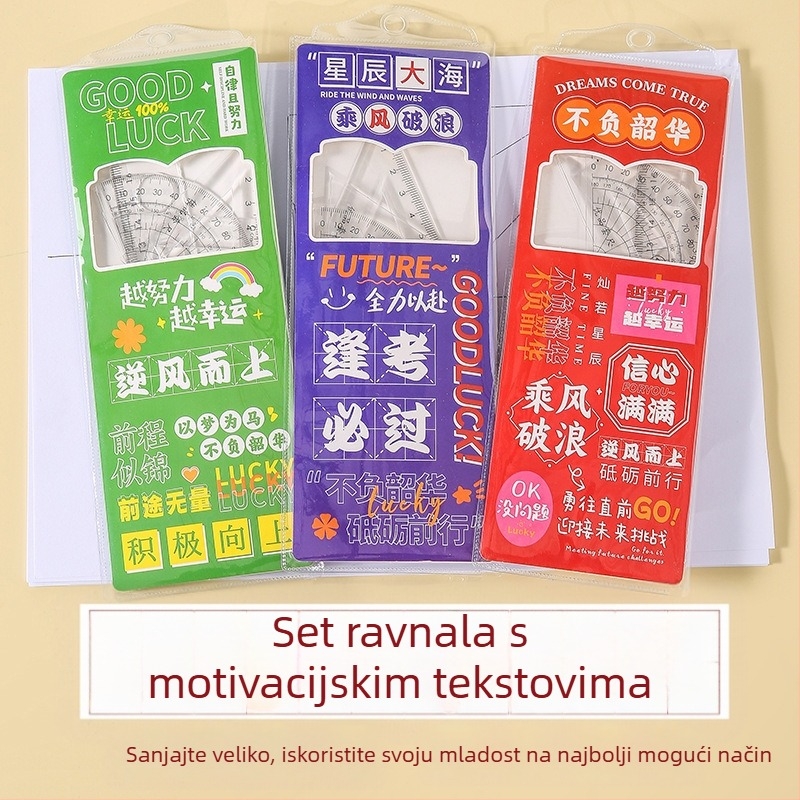 4-dijelni set: prozirno ravnalo od 20 cm, kutni trokut, kutomjer i još jedan instrument