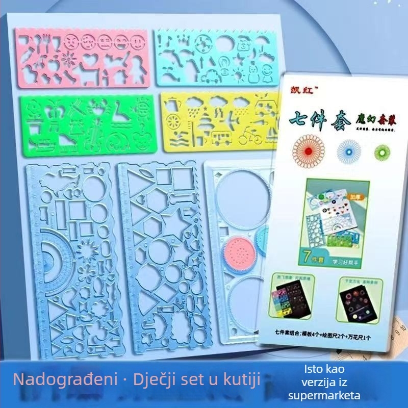 Set od 7 geometrijskih ravnala za crtanje s kružnim vodilima i šablonama za učenike