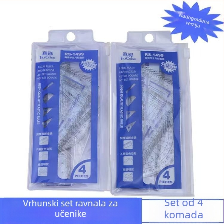 True Color 1499/1497 Školski set za crtanje s ravnalom, trokutom, kutomjerom i valovitim ravnalom — četiri dijela za nastavu