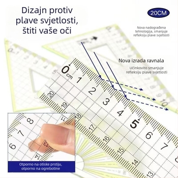 Little Fish set pravokuta protiv plavog svjetla, 20 cm, debeli i izdržljivi, četvero-djelni set za učenike s velikim brojčanim oznakama na mjernoj ljestvici