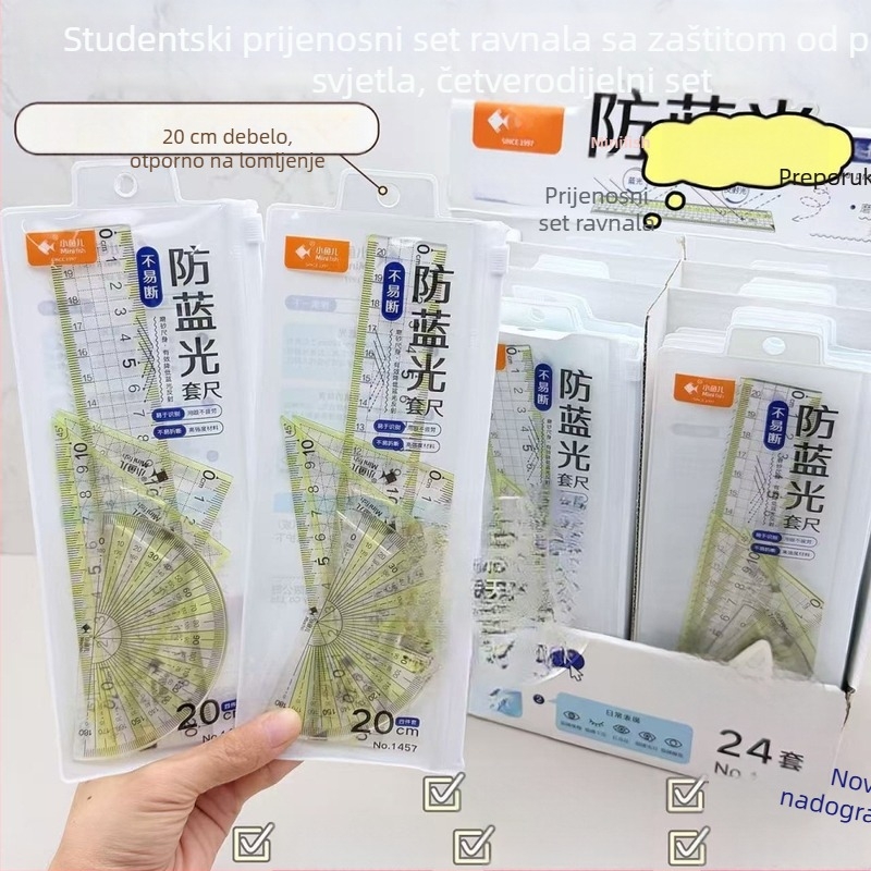 Little Fish set pravokuta protiv plavog svjetla, 20 cm, debeli i izdržljivi, četvero-djelni set za učenike s velikim brojčanim oznakama na mjernoj ljestvici