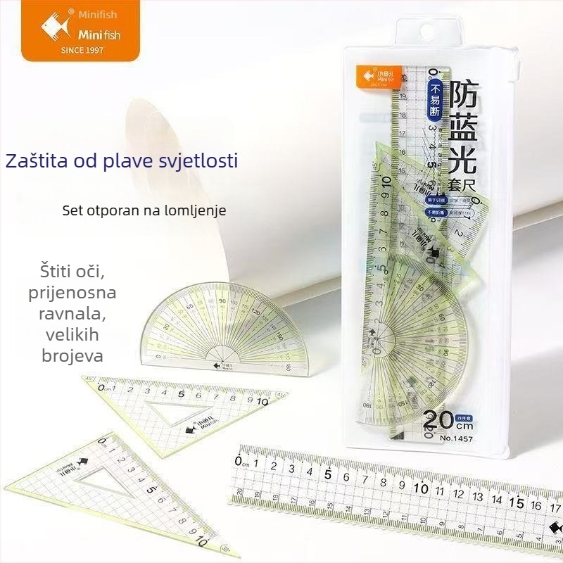 Little Fish set pravokuta protiv plavog svjetla, 20 cm, debeli i izdržljivi, četvero-djelni set za učenike s velikim brojčanim oznakama na mjernoj ljestvici
