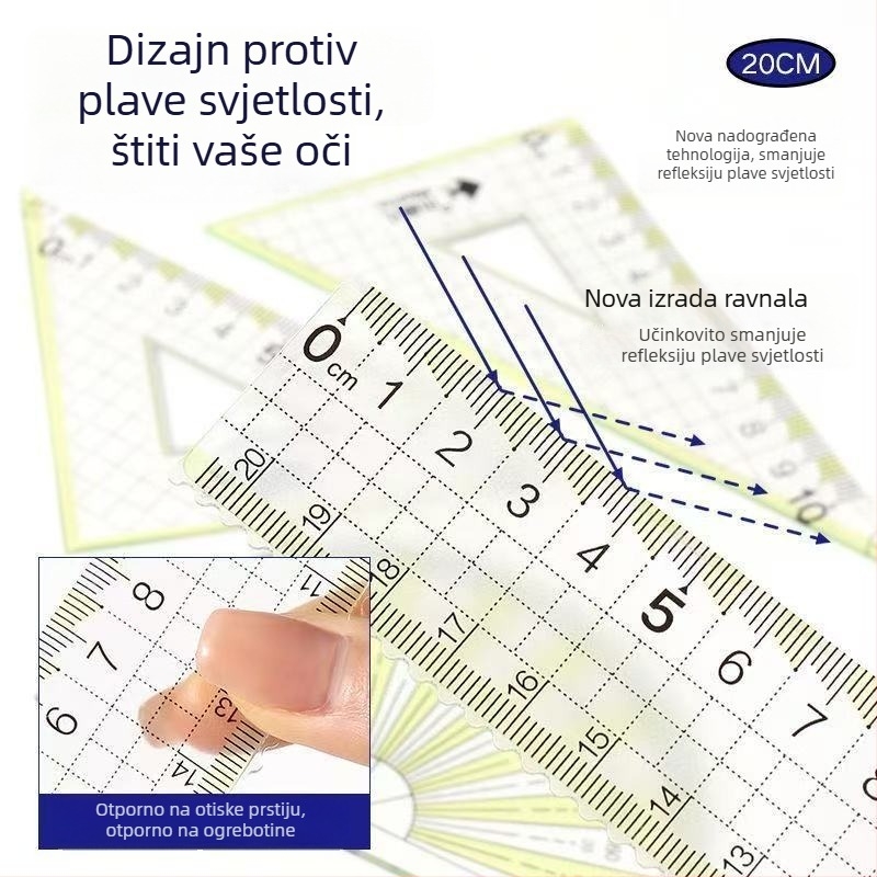 Little Fish set pravokuta protiv plavog svjetla, 20 cm, debeli i izdržljivi, četvero-djelni set za učenike s velikim brojčanim oznakama na mjernoj ljestvici