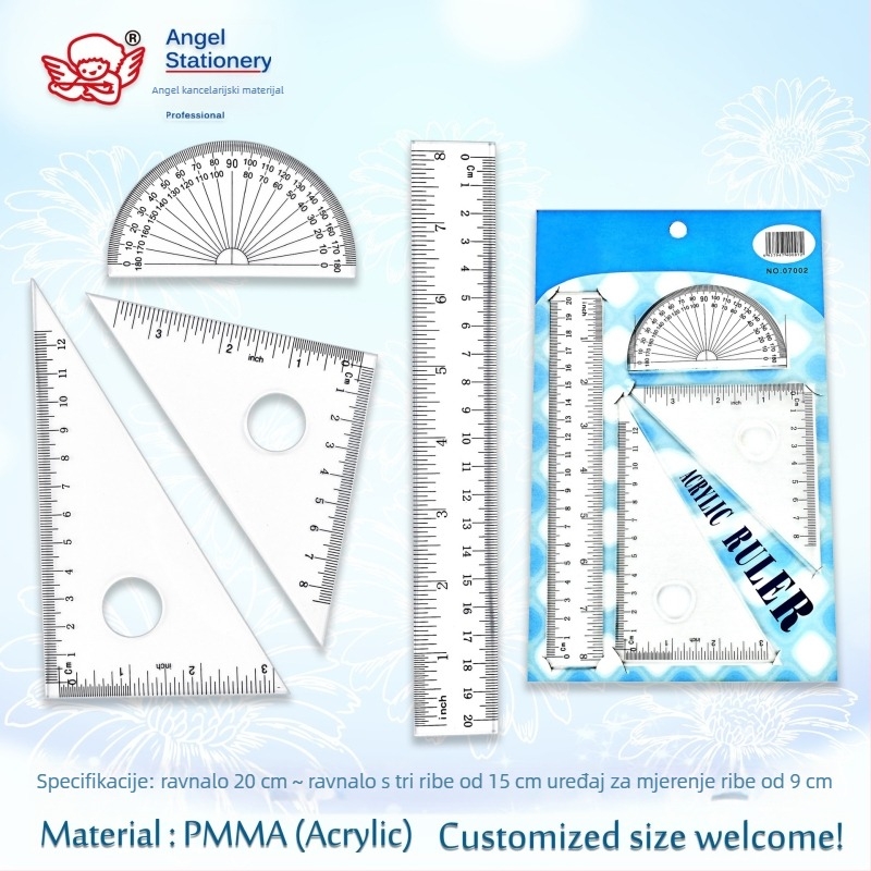 Akrilno pravilo 20 cm, set s 15 cm trokutom i 9 cm kutomjerom