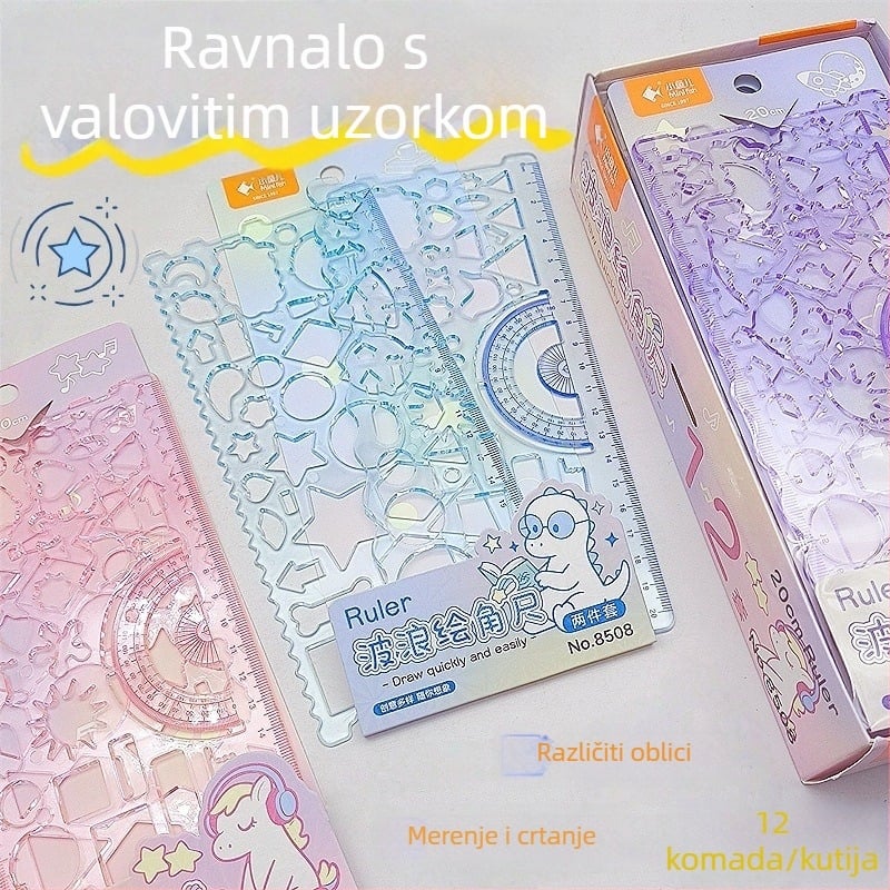 Little Fish dvodijelni set ravnala za učenike: prozirna plastična ravnala s kaleidoskopskim dizajnom, višefunkcionalni set ravnala
