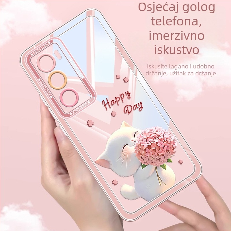 Silikonska zaštitna futrola za OPPO Reno12/Reno11 s dizajnom slatkog mačića i cvijeća, otpornost na padove