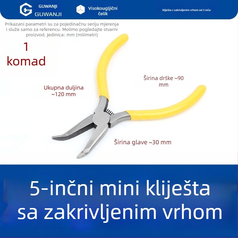 Igličaste kliješta, mini, 5 inča, za električare, skidanje izolacije, višenamenske kliješte s zakrivljenim nosom, kliješta za nakit