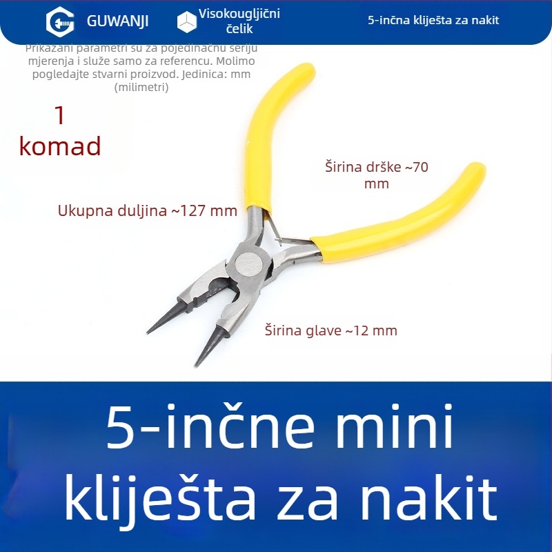Igličaste kliješta, mini, 5 inča, za električare, skidanje izolacije, višenamenske kliješte s zakrivljenim nosom, kliješta za nakit