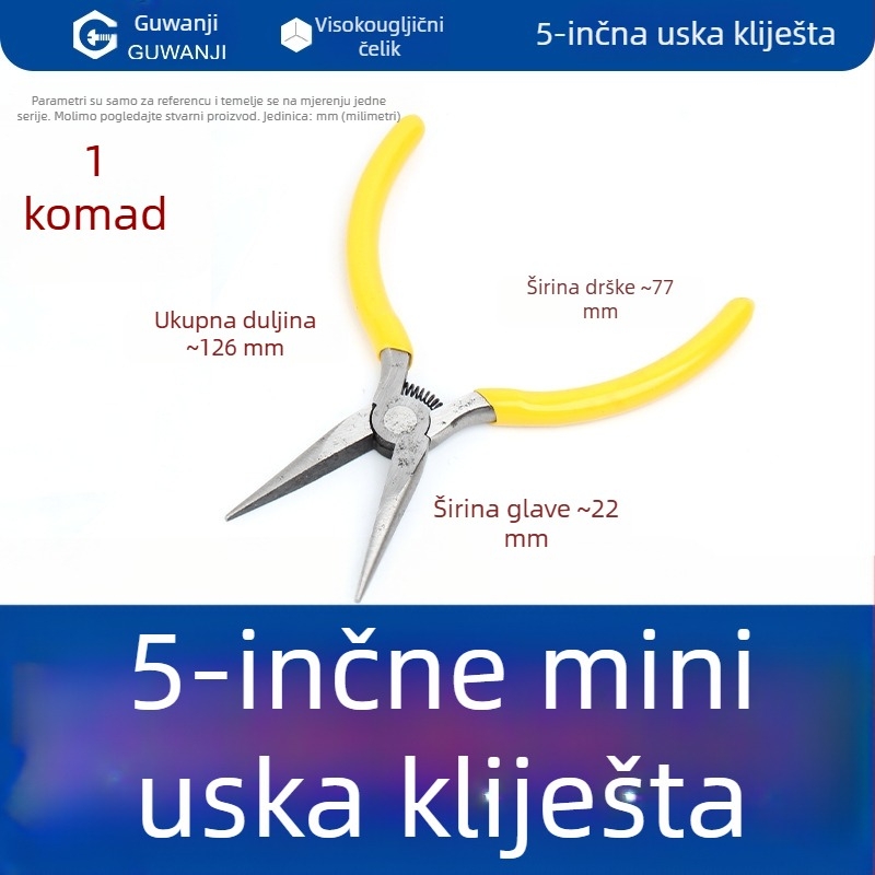 Igličaste kliješta, mini, 5 inča, za električare, skidanje izolacije, višenamenske kliješte s zakrivljenim nosom, kliješta za nakit