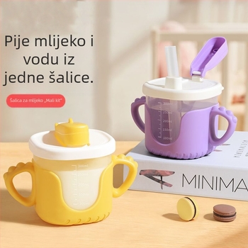 Dječja čašica za mlijeko s mjernim oznakama, čaša za učenje sa slamkom i držačem, otporna na padove i prolivanje, zaštita od opeklina — model 06