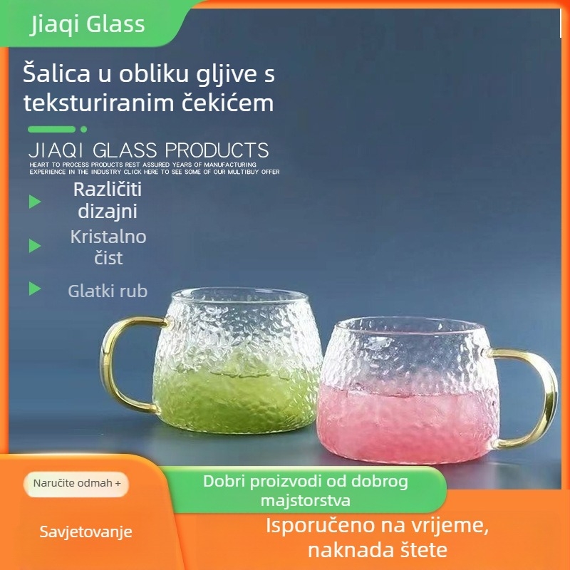 Staklena šalica za čaj s drškom i poklopcem od bambusa, trodijelni set, otporan na visoke temperature, tekstura udarne površine