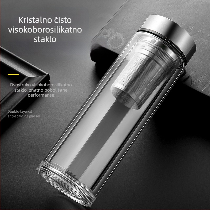 Inteligentna dvostruko staklena šalica za čaj s razdvajanjem čaja i vode, borosilikatno staklo, prikaz temperature, izolacija