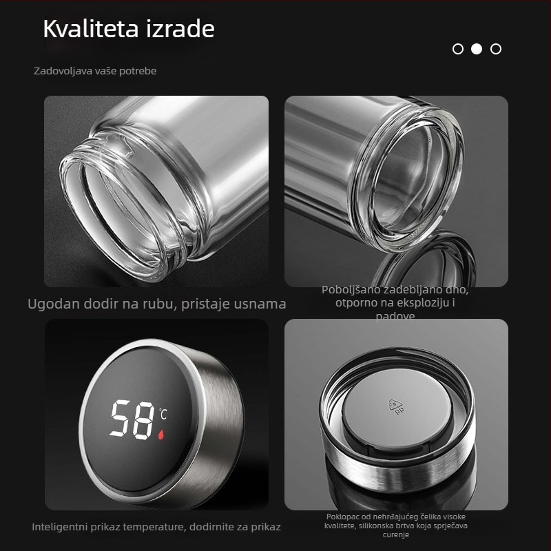 Inteligentna dvostruko staklena šalica za čaj s razdvajanjem čaja i vode, borosilikatno staklo, prikaz temperature, izolacija