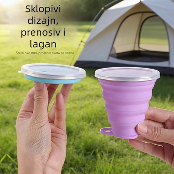 Sklopiva čaša za kampiranje s poklopcem, prijenosna čaša za vodu od silikona prehrambene kvalitete, čaša za četkicu za zube, otporna na visoke temperature