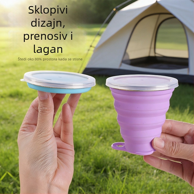 Sklopiva čaša za kampiranje s poklopcem, prijenosna čaša za vodu od silikona prehrambene kvalitete, čaša za četkicu za zube, otporna na visoke temperature