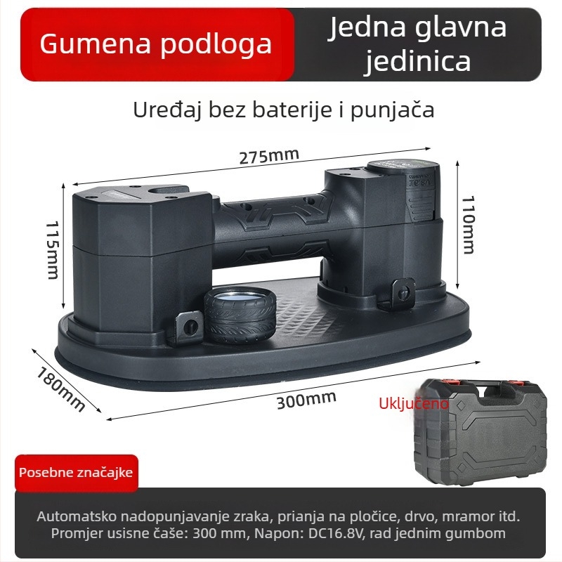 Longben baterijski vakuumski podizač za prijenos stakla, pločica i mramora – snažno prianjanje, dimenzije 300 × 180 mm