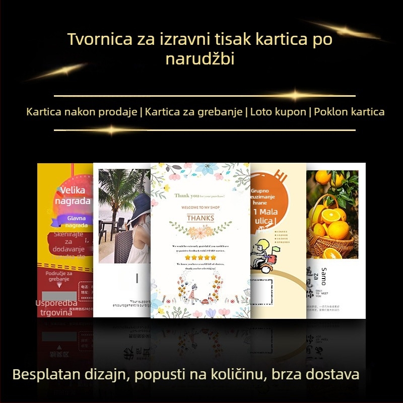 Prilagođena tisk karata: razglednice, čestitke, pozivnice, kuverte, zaglavlja kartica, preklopne kartice, kartice za ocjenu, pojasne trake