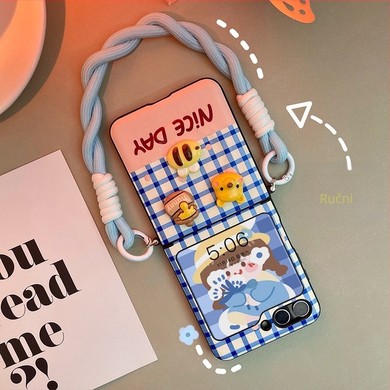 Torbica za Samsung Galaxy Z Flip6/Z Flip5, plava, crossbody, dizajn jazavčar i Winnie the Pooh, zaštita od pada, umjetna koža