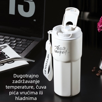 Šalica za kavu od 316 nehrđajućeg čelika, bezšivni unutarnji spremnik, vakuumska izolacija, prenosna uzica, slamka, 500 ml, logo po želji