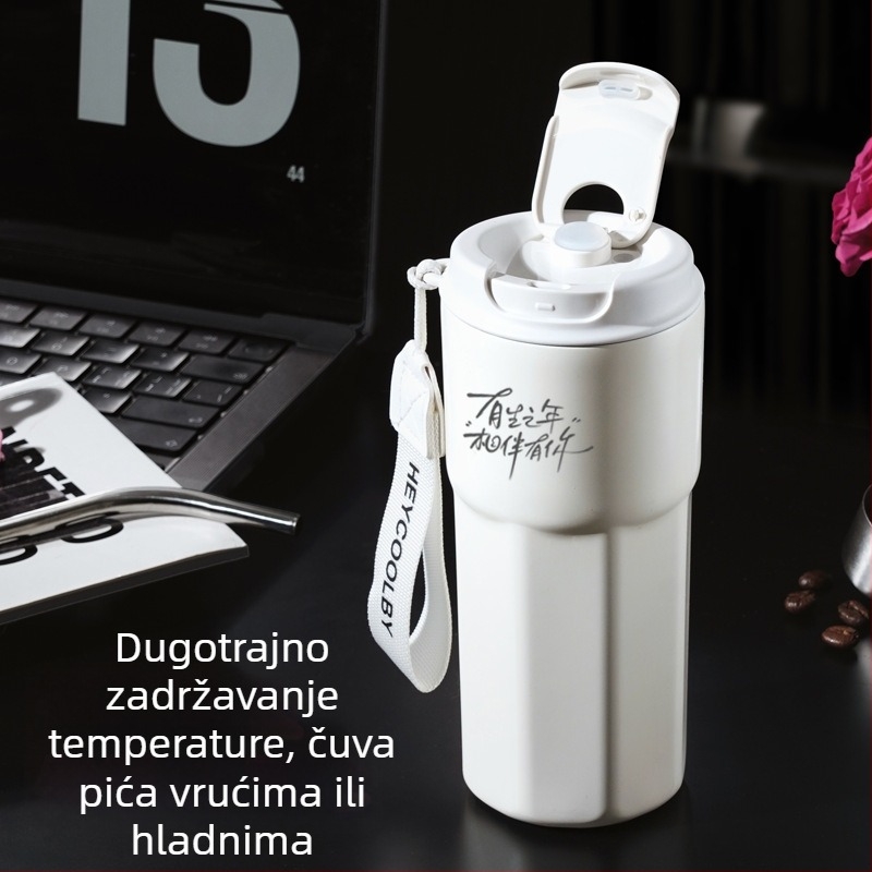 Šalica za kavu od 316 nehrđajućeg čelika, bezšivni unutarnji spremnik, vakuumska izolacija, prenosna uzica, slamka, 500 ml, logo po želji