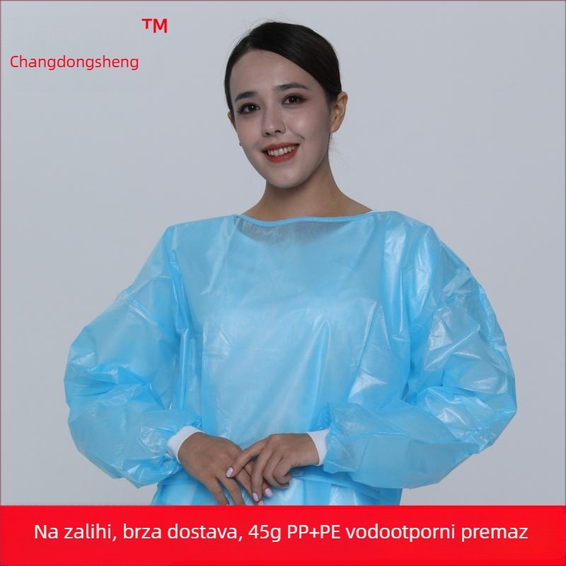 Jednokratna izolacijska haljina s vodonepropusnim premazom, plavo netkano tkivo, prozračna, veličina 120 × 140 cm, 45 g/m²