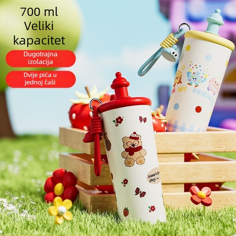 Cartoon izolirani tumbler, 700 ml, unutarnja od 316 nehrđajućeg čelika, prijenosan uz šnuru za nošenje