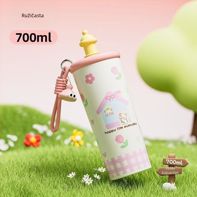 Cartoon izolirani tumbler, 700 ml, unutarnja od 316 nehrđajućeg čelika, prijenosan uz šnuru za nošenje