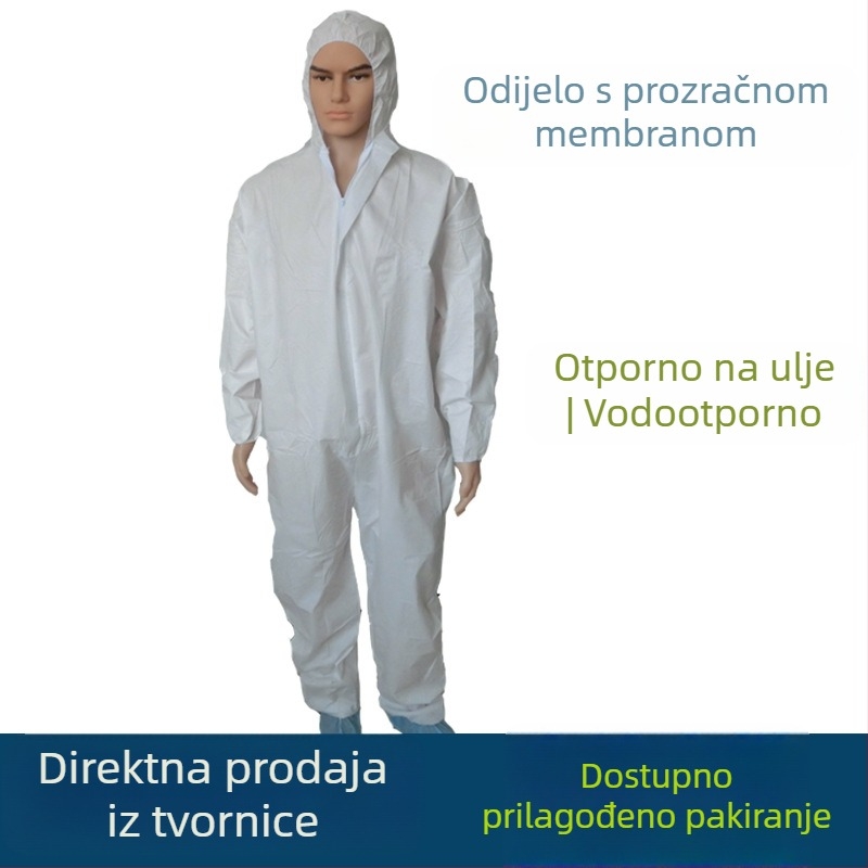 Jednokratna dišuća zaštitna kombinezon s kapuljom, bijele boje, jednobojna, vodootporna i otporna na ulje, za uzgoj svinja.