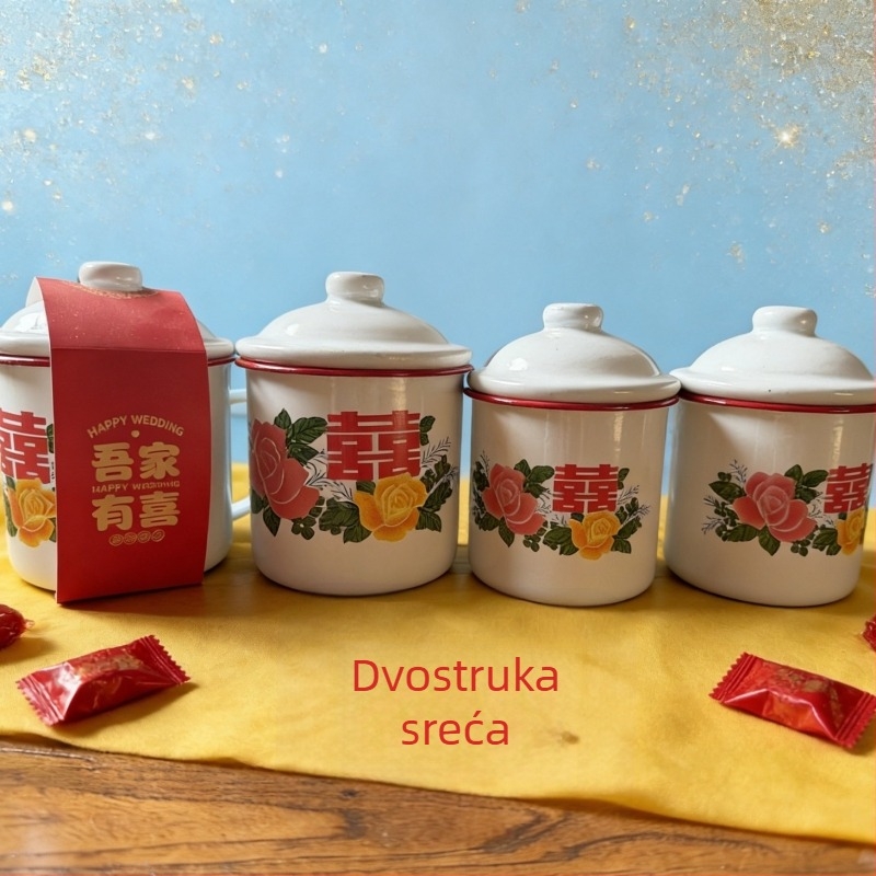Emajlirano svadbeno čašica za bombone, kutija za bombone, emajlirana šalica s crvenim rubom i cvjetnim uzorkom, čajna šalica, retro stil – dvostruka sreća