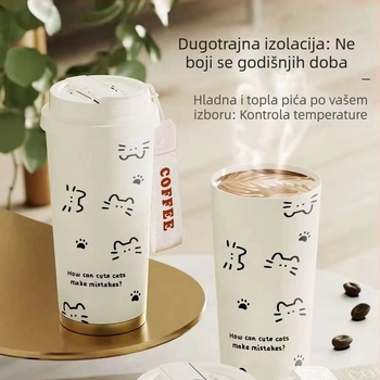 Termos šalica s linijskim mačjim motivom, velik kapacitet, sa slamkom, prenosna za dom, školu i auto