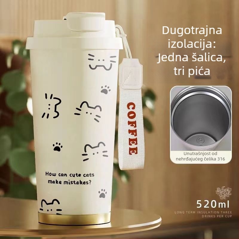 Termos šalica s linijskim mačjim motivom, velik kapacitet, sa slamkom, prenosna za dom, školu i auto