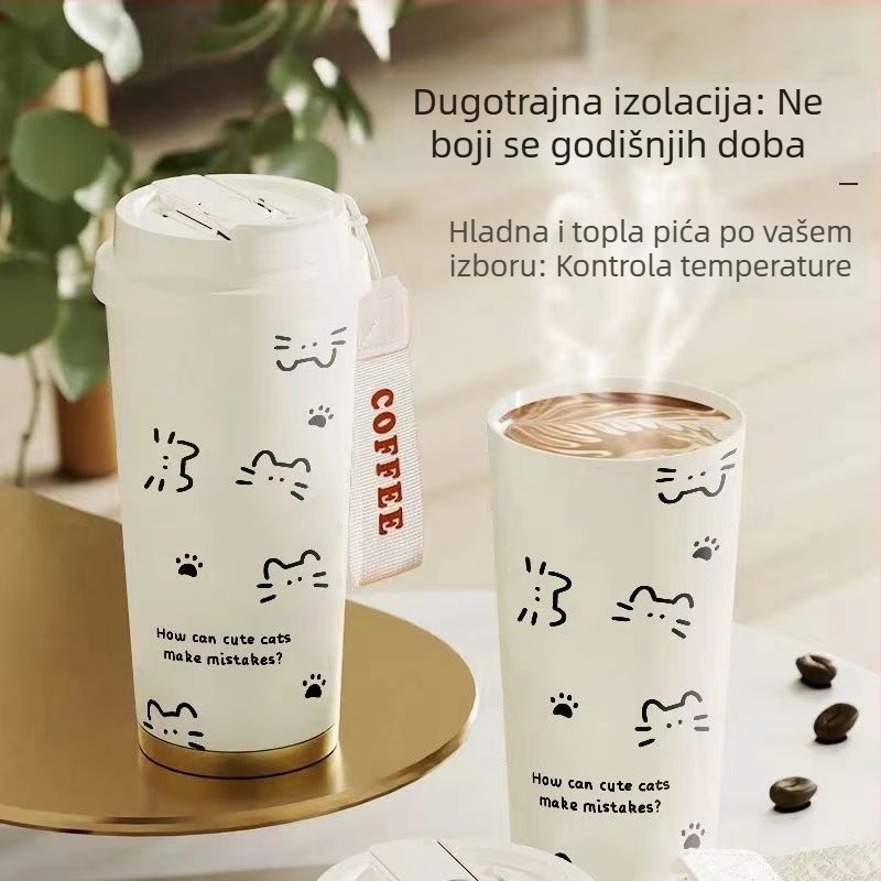 Termos šalica s linijskim mačjim motivom, velik kapacitet, sa slamkom, prenosna za dom, školu i auto