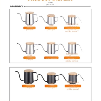 Kavna posuda od nehrđajućeg čelika 304 za pour-over, duga uska izljevnica, teflonski premaz