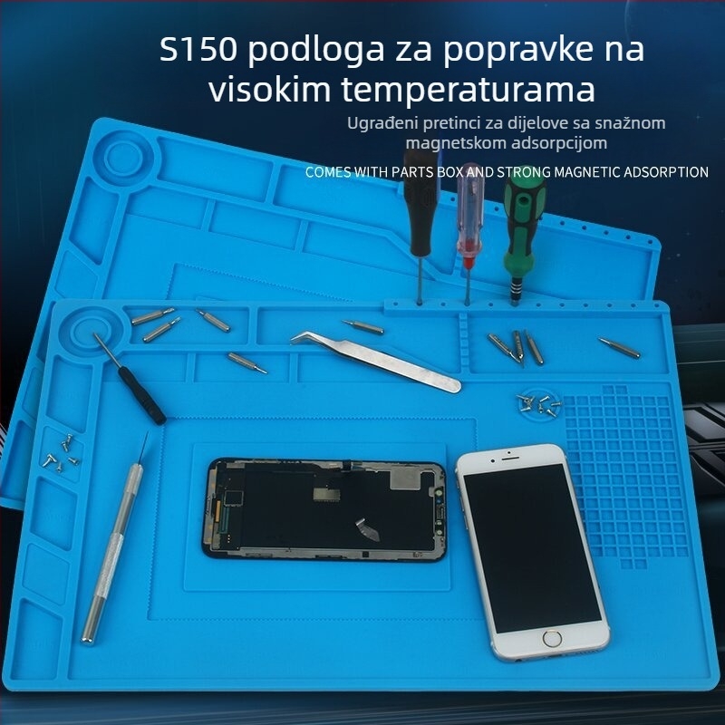 S-150 Silikonska izolacijska podložnica za elektroniku s magnetskim ugrađenim pretincem za dijelove, antistatčna i otporna na visoke temperature, plava