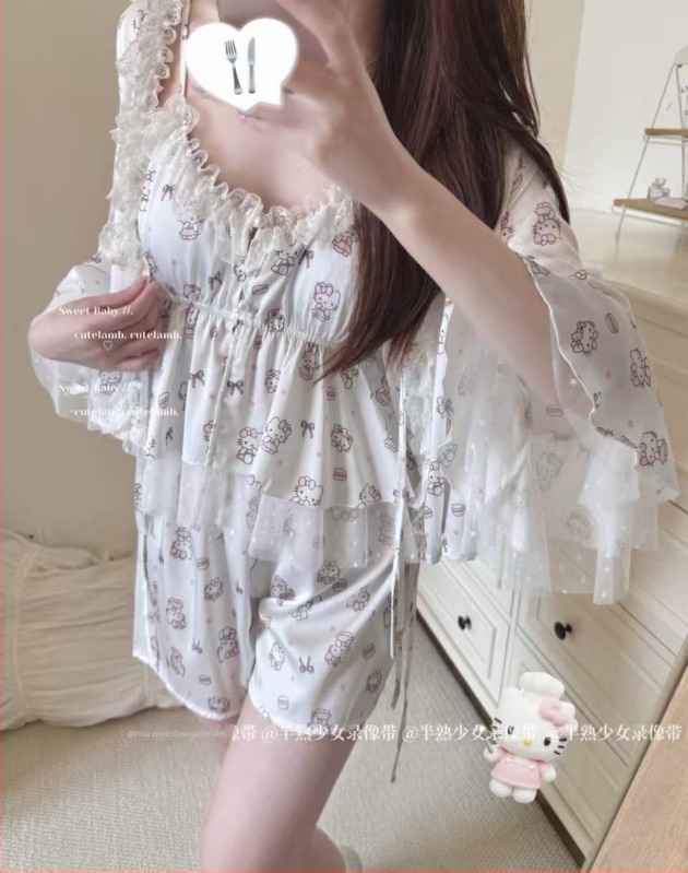Ženski set pidžama od ice silk – kućna udobnost, proljeće-jesen, slatka crtani print, camisole s ugrađenim jastučićima za poprsje