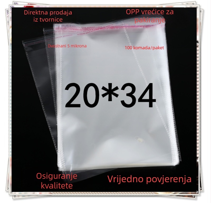 Prozirna OPP vrećica 5 mil, samoljepljiva i zatvarajuća, za odjeću i darove, dimenzije 20×34 cm, paket 100 kom.