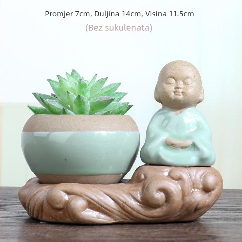 Zen keramička posuda za sukulente s prorezima, ručna izrada, motiv Buddhe Maitreya i malog monaha