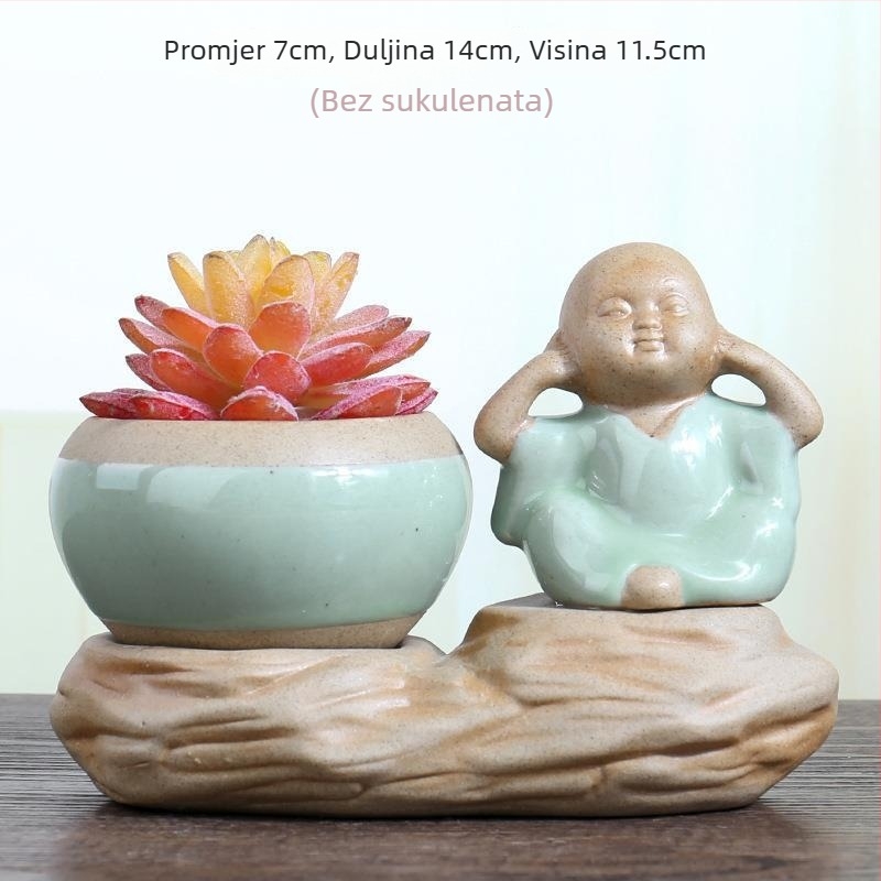 Zen keramička posuda za sukulente s prorezima, ručna izrada, motiv Buddhe Maitreya i malog monaha