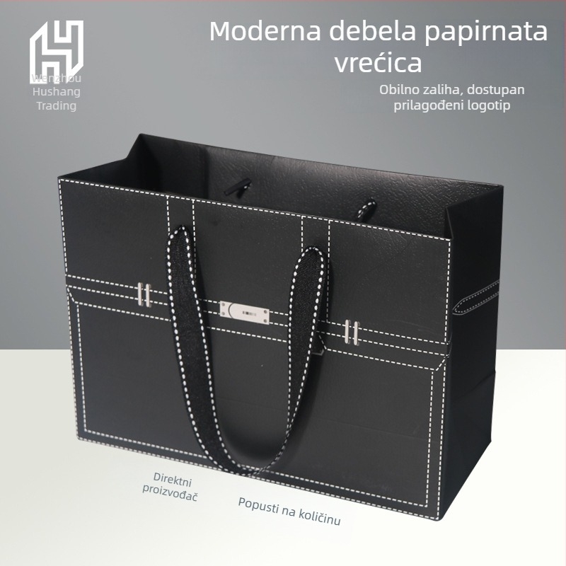 Crna papirnata torba s reljefnim logom za pakiranje odjeće i modnih poklona