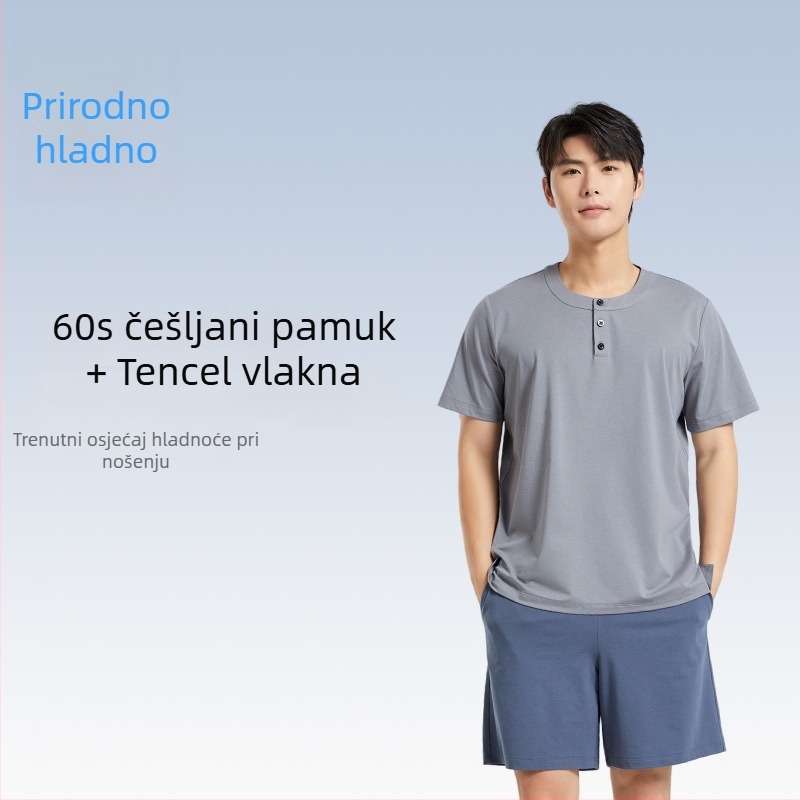 Muški ljetni set pidžame, kratki rukavi, tanki lyocell-pamučni materijal, kineskog stila, prozračan, antibakterijski