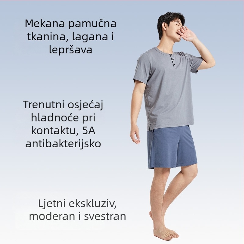 Muški ljetni set pidžame, kratki rukavi, tanki lyocell-pamučni materijal, kineskog stila, prozračan, antibakterijski