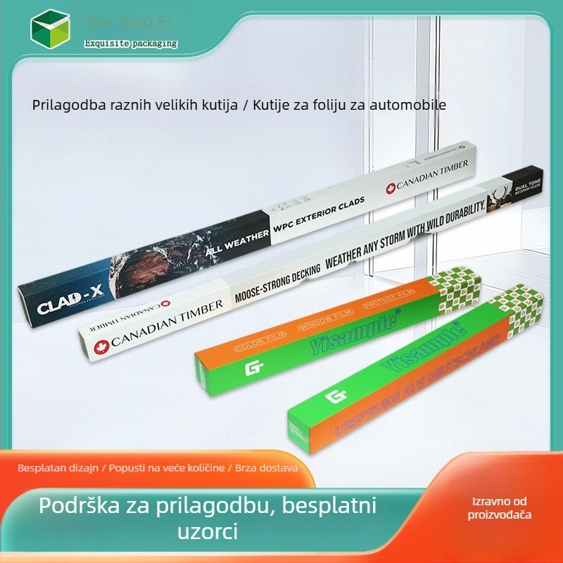 Različite vrste šarenih kutija i kartona s tiskanim logotipom, razne veličine, pakiranje za auto foliju, dugački ojačani kartonski kutiji, kutije za male serije