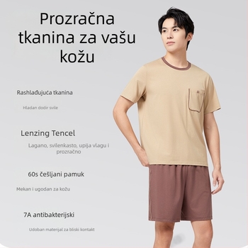 Muški set pidžama od Lyocell pamuka za ljeto – gornji dio s kratkim rukavima i šorc s džepom u boji, prozračan i osvježavajući za dom
